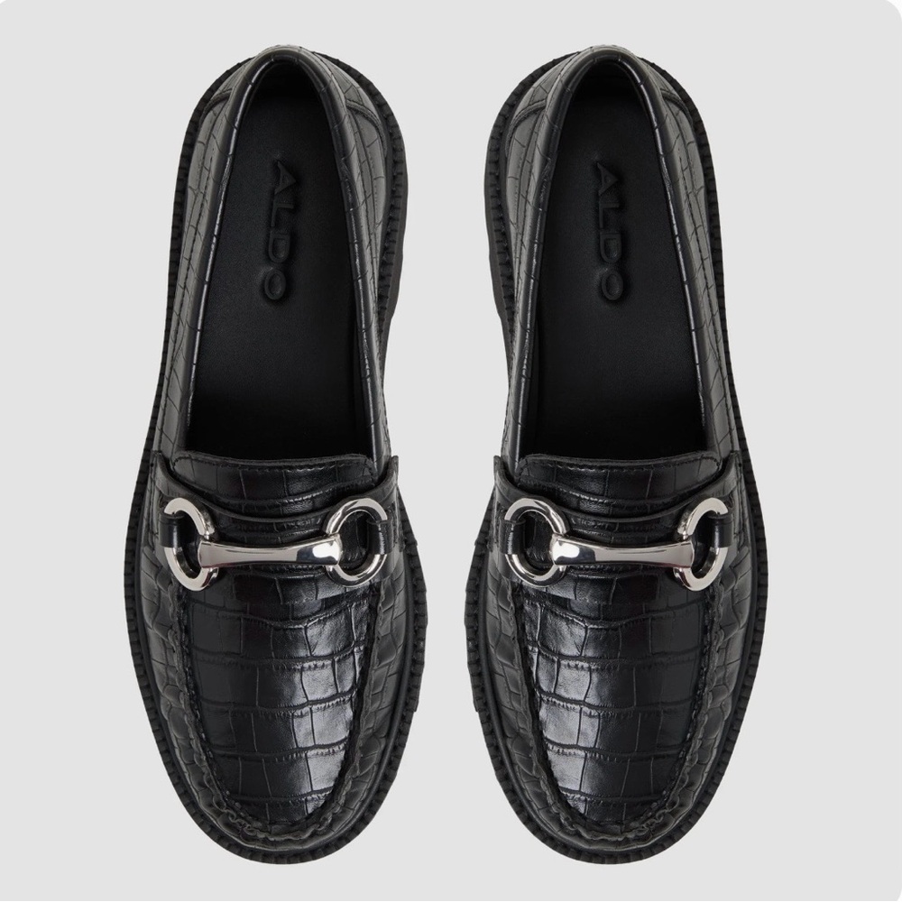 ALDO Black Croc-Embossed Leather Bit Loafers with Silver Hardware